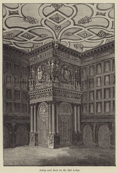 Hall et porte dans le Red Lodge (gravure) - English School