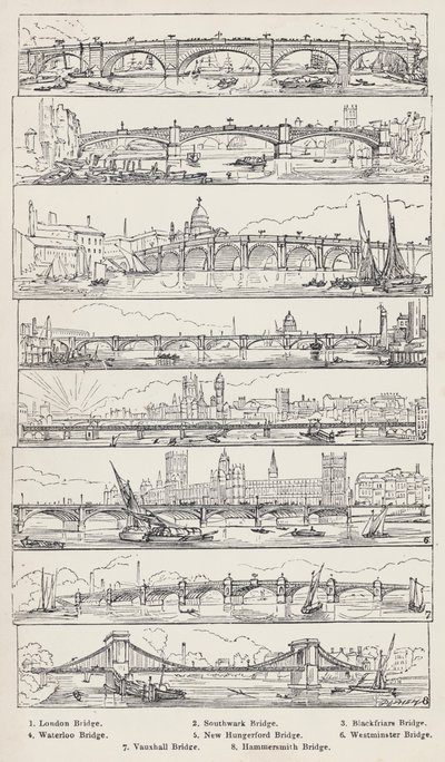 Pont de Londres, pont de Southwark, pont de Blackfriars, pont de Waterloo, nouveau pont de Hungerford, pont de Westminster, pont de Vauxhall, pont de Hammersmith (gravure) - English School