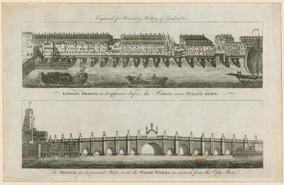 Le pont de Londres avant que les maisons ne soient démolies, et dans son état actuel - English School