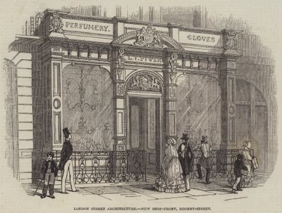 Architecture de rue à Londres, nouvelle devanture de magasin, Regent-Street (gravure) - English School