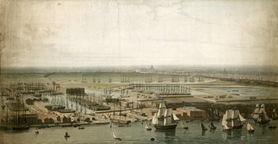Docks de Londres, avec la cathédrale Saint-Paul au loin - English School