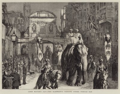Jour du Lord Maire, les éléphants passant sous Temple Bar (gravure) - English School
