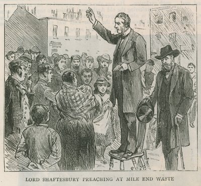 Lord Shaftesbury prêchant à Mile End Waste, Londres - English School