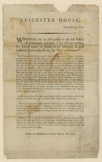 Loterie pour la cession du Musée de Sir Ashton Lever, 1784 - English School