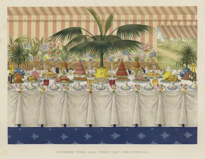 Table de déjeuner dressée sous tente pour fêtes, etc. - English School