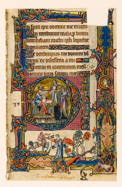 Saül envoyant Doeg tuer les prêtres de Nob, initiale historiée du Psautier de Macclesfield, Usage de Sarum, East Anglia, vers 1330 - English School
