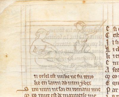 MS McClean 123 f.40v Dessin sous-jacent pour une miniature montrant un chasseur attrapant une licorne allongée nue sur les genoux d