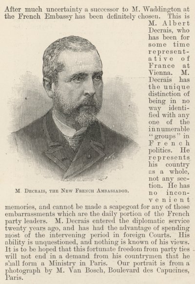M Decrais, le nouvel ambassadeur français (gravure) - English School