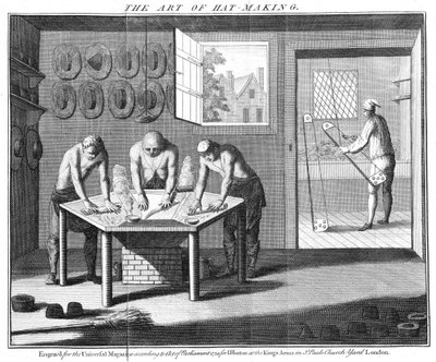 Fabrication de chapeaux de castor, du The Universal Magazine, Londres, publié en 1750 - English School