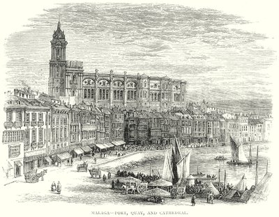 Malaga - Port, quai et cathédrale (gravure) - English School