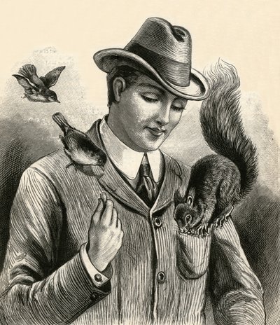 Homme nourrissant un écureuil et des oiseaux - English School