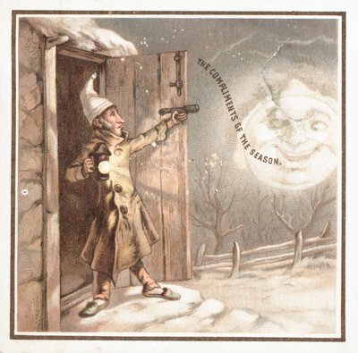 Homme tenant un pistolet vers la lune, Carte de Noël - English School