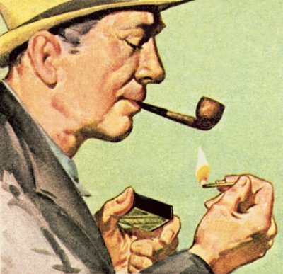 Homme allumant une pipe avec une allumette - English School