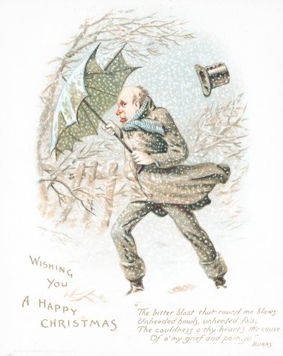 Homme marchant dans la neige sous un vent fort, Carte de Noël - English School
