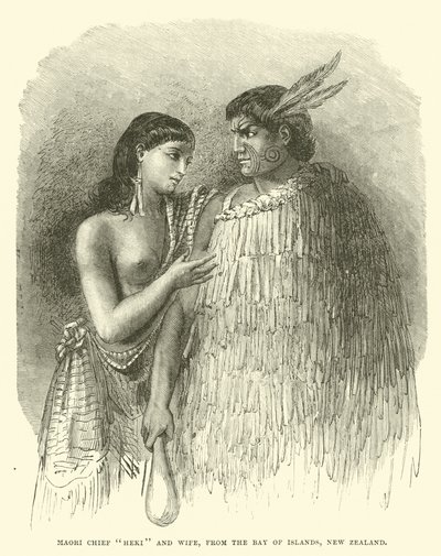 Chef maori Heki et sa femme, de la baie des Îles, Nouvelle-Zélande - English School