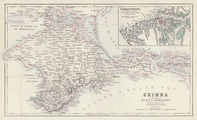 Carte : Crimée, selon Huot et Demidoff, dessinée et gravée par J Bartholomew, Édimbourg ; Sébastopol, selon un plan russe original réduit publié à Berlin - English School