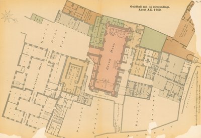 Carte du Guildhall, Londres, et des environs vers 1750 - English School