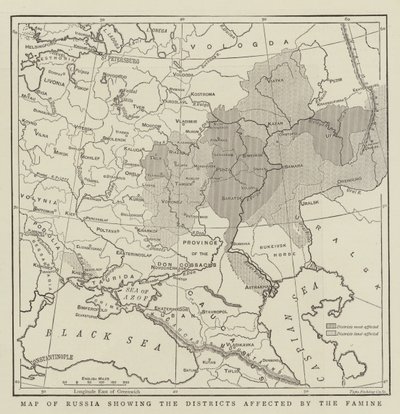 Carte de la Russie montrant les districts affectés par la famine - English School