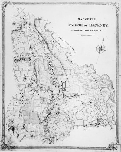 Carte de la Paroisse de Hackney, levée par John Rocque (c.1709-1762) en 1745 - English School