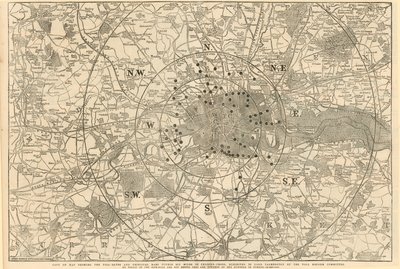Carte montrant les barrières de péage et les principales barrières dans un rayon de 6 miles de Charing Cross, présentée à Lord Palmerston par le Comité de réforme des péages - English School