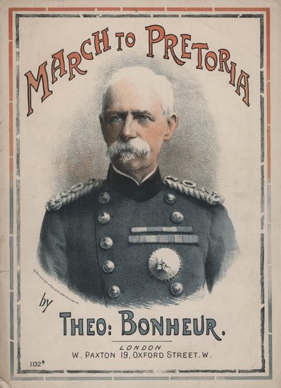 Marche vers Pretoria, couverture de partition musicale avec un portrait du maréchal Lord Roberts - English School