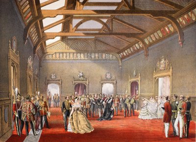 Organisation de la procession de la mariée dans le hall central des appartements temporaires, de A Memorial of the Marriage of Edward VII and Alexandra of Denmark, pub. 1864 - English School
