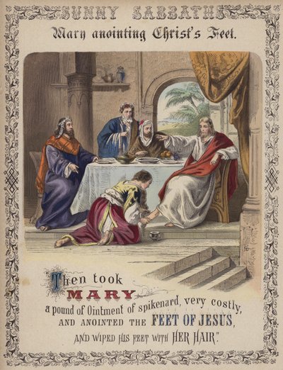 Marie oint les pieds du Christ (gravure en couleur) - English School