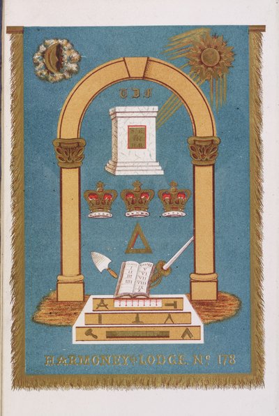 Emblème de la loge maçonnique montrant des piliers et divers symboles - English School
