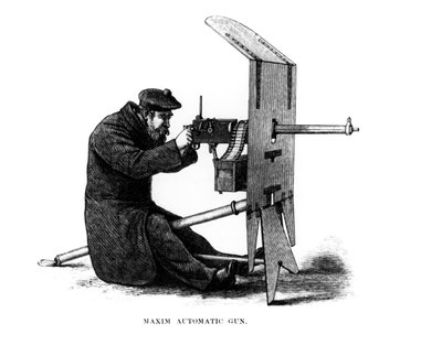 Mitrailleuse automatique Maxim, une mitrailleuse à recul brevetée par Hiram Stevens Maxim (1840-1916) en 1882 - English School