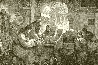 Culture médiévale - Moines dans un couvent illuminant et transcrivant des livres - English School
