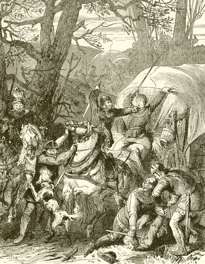 Coutumes médiévales : chevaliers brigands attaquant une caravane de marchands - English School