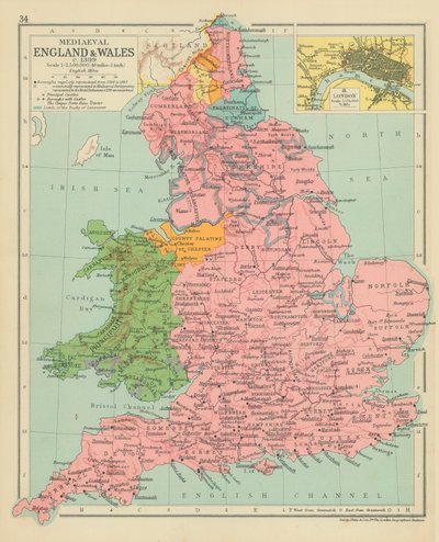 Angleterre et Pays de Galles médiévaux vers 1399 (lithographie couleur) - English School