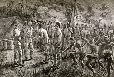 Mehmet Emin Pasha et Gaetano Casati arrivent au camp de Sir Henry Morton Stanley au bord du lac Albert en 1889, 1890 (gravure sur bois) - English School