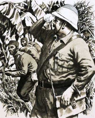 Melton Prior marchant dans la jungle birmane avec le 11e Infanterie native du Bengale - English School