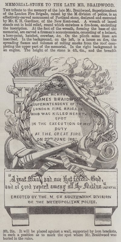 Pierre commémorative pour feu M. Braidwood (gravure) - English School