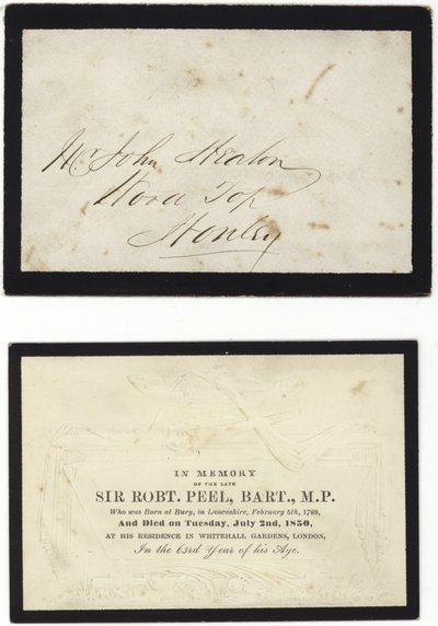 Carte commémorative en mémoire du défunt Sir Robert Peel - English School