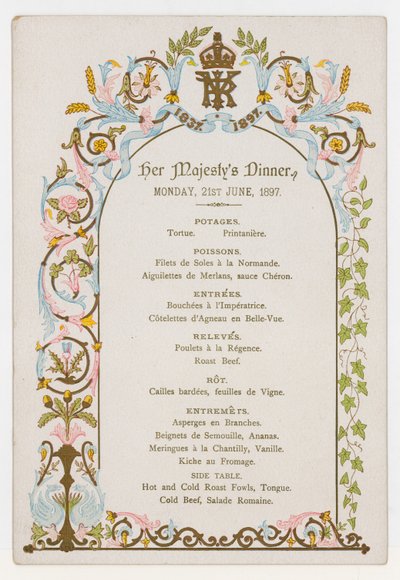 Menu du dîner de la reine Victoria le lundi 21 juin 1897, la veille de son jubilé de diamant - English School