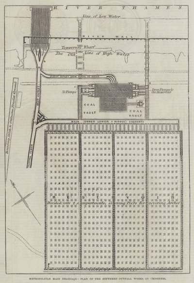 Drainage principal métropolitain, plan des travaux de décharge sud à Crossness - English School