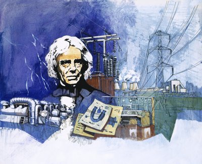 Michael Faraday avec une centrale électrique en arrière-plan - English School