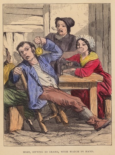 Mike, assis si grand, avec une montre à la main (lithographie en couleur) - English School
