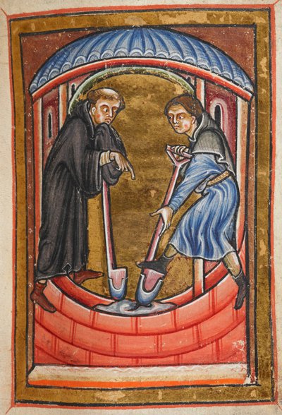 Miniature de Cuthbert creusant un puits avec un moine pour son ermitage sur l