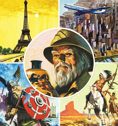 Montage incluant la Tour Eiffel, un avion, un guerrier viking, un Indien et un archéologue - English School