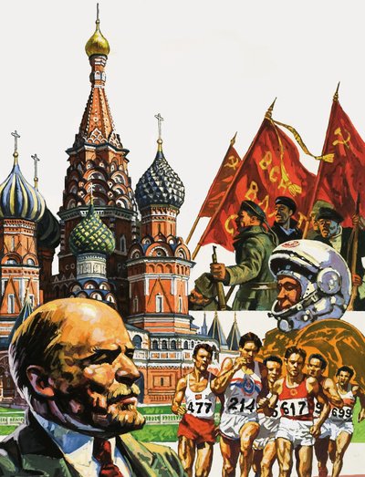 Montage de la Russie incluant la cathédrale Saint-Basile-le-Bienheureux et le portrait de Lénine - English School