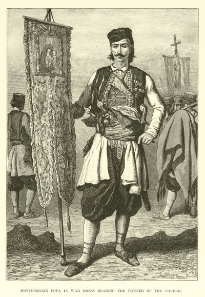 Popa monténégrin en tenue de guerre portant la Bannière de l