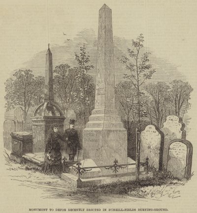 Monument à Defoe récemment érigé dans le cimetière de Bunhill-Fields (gravure) - English School