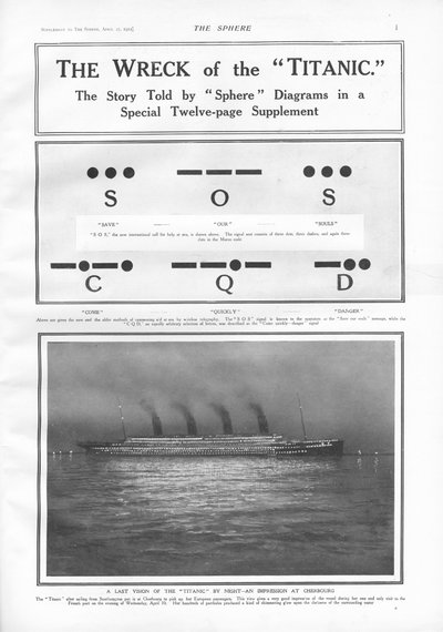 Signaux en code Morse et illustration du navire à vapeur amarré à Cherbourg la nuit, de The Sphere, 27 avril 1912 - English School