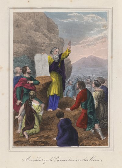 Moïse délivrant les Dix Commandements (gravure en couleur) - English School