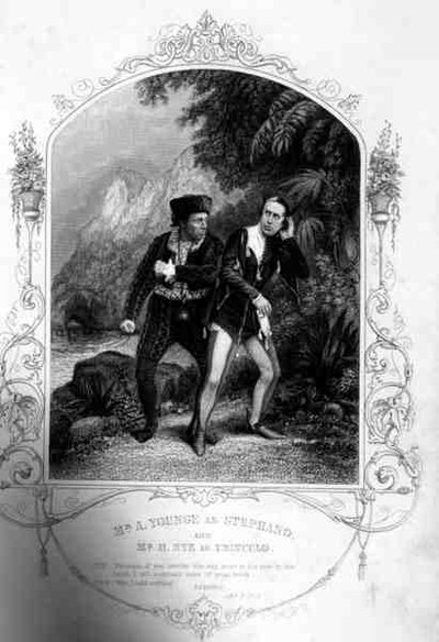 M. A. Younge en Stephano et M. N. Hye en Trinculo, Acte III Scène 2, dans La Tempête, par William Shakespeare, gravure de G. Greatbach d