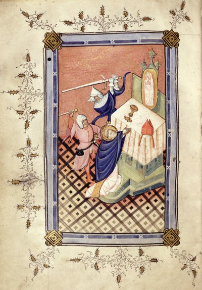 Ms.49 f.18v Saint Thomas de Canterbury (c.1118-70) attaqué par deux chevaliers, Horae, vers 1420-30 - English School