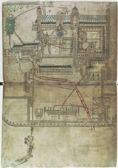 Plan de la cathédrale de Canterbury et du système de plomberie, du 